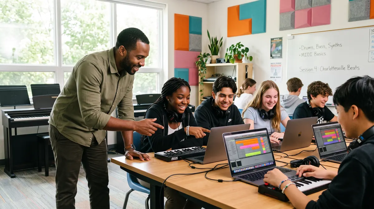 A teacher leans over a desk of teenagers making music on laptops with small MIDI keyboards in a bright Charlottesville studio