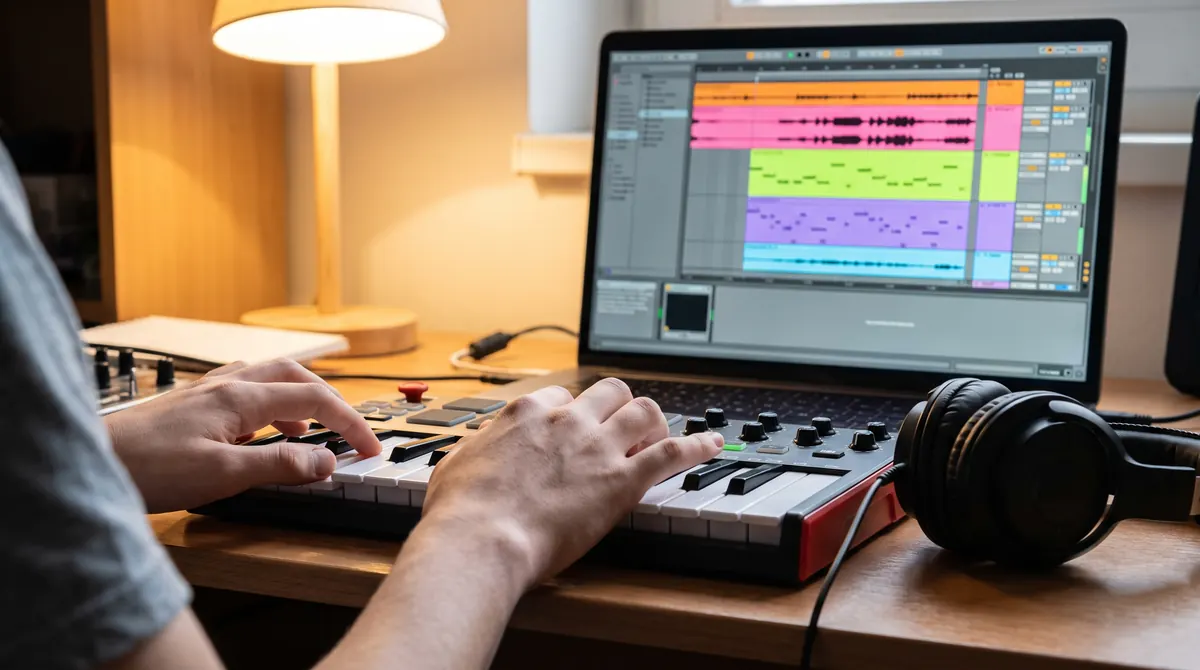 A laptop shows a colourful arrangement of tracks and clips while a student plays a small MIDI keyboard