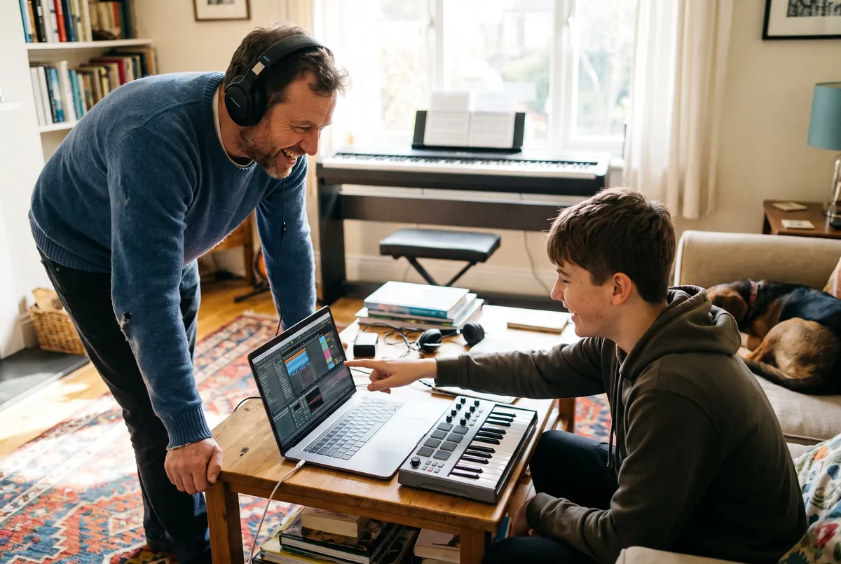 A teenage son shows his dad a beat he made on a laptop, both laughing