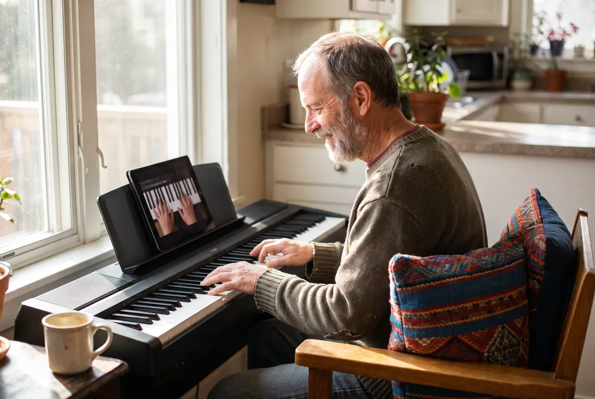 A grey-bearded man smiles as he plays a digital piano at home, following a video lesson on a tablet