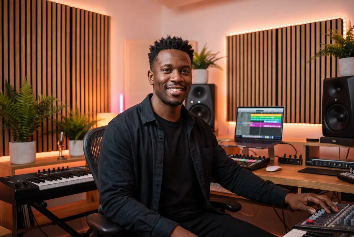 A smiling producer at a studio desk with a keyboard, monitors and a laptop