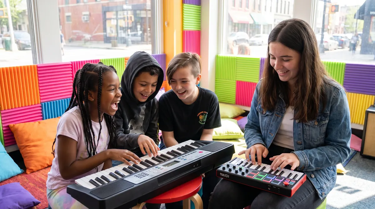 Kids crowd round a keyboard laughing while a teenager plays glowing drum pads