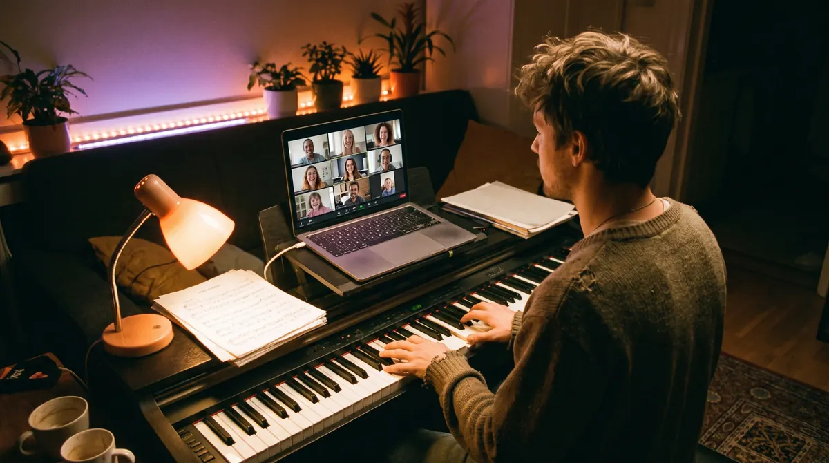 A student at his piano at home joins a live group video call with other students and a teacher