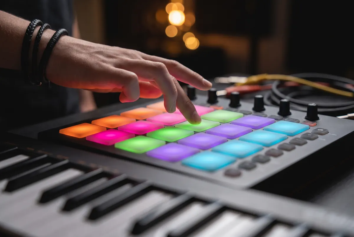 Close-up of a hand playing glowing coloured drum pads above piano keys