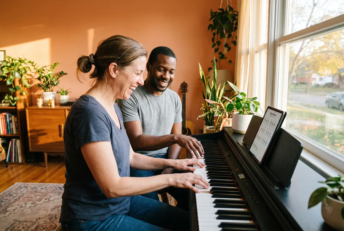 An adult student laughs as her teacher shows her a chord at the piano