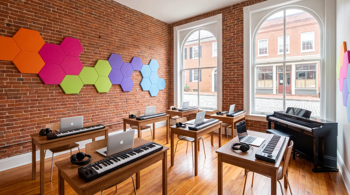 The teaching studio: workstations with laptops and keyboards under colourful acoustic panels and arched windows
