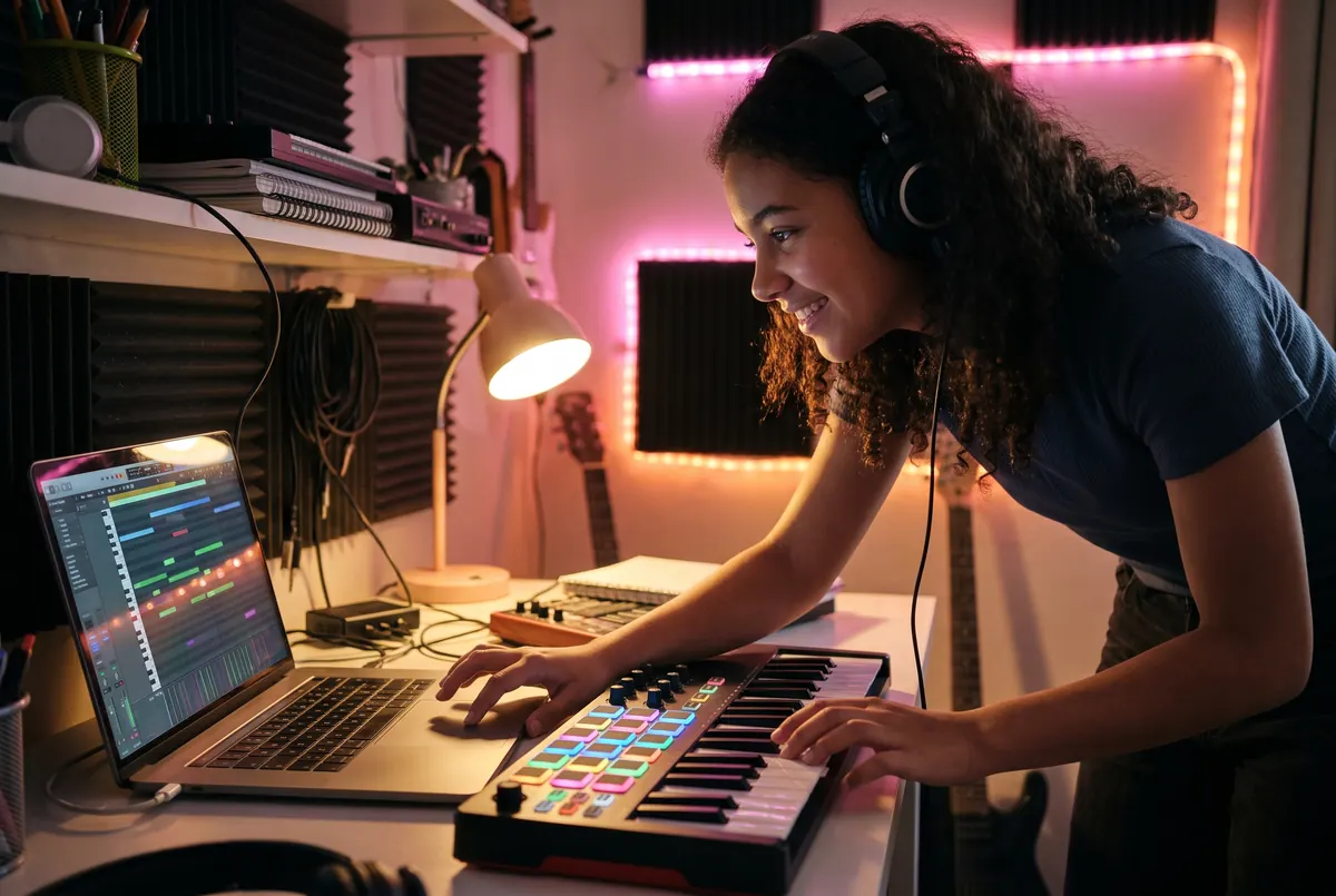 A teenage girl in headphones builds a beat on a laptop and a MIDI keyboard with glowing pads